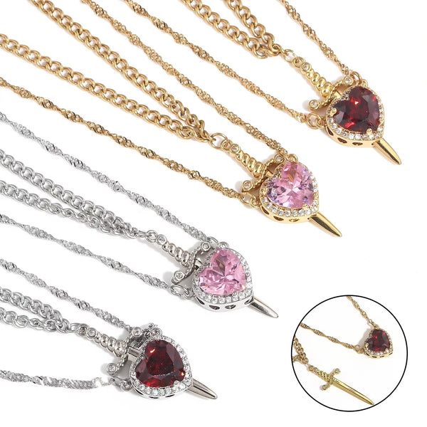 ❤️ Romantic Heart & Sword Necklace Set – Gold Stainless Steel Couples' Gift